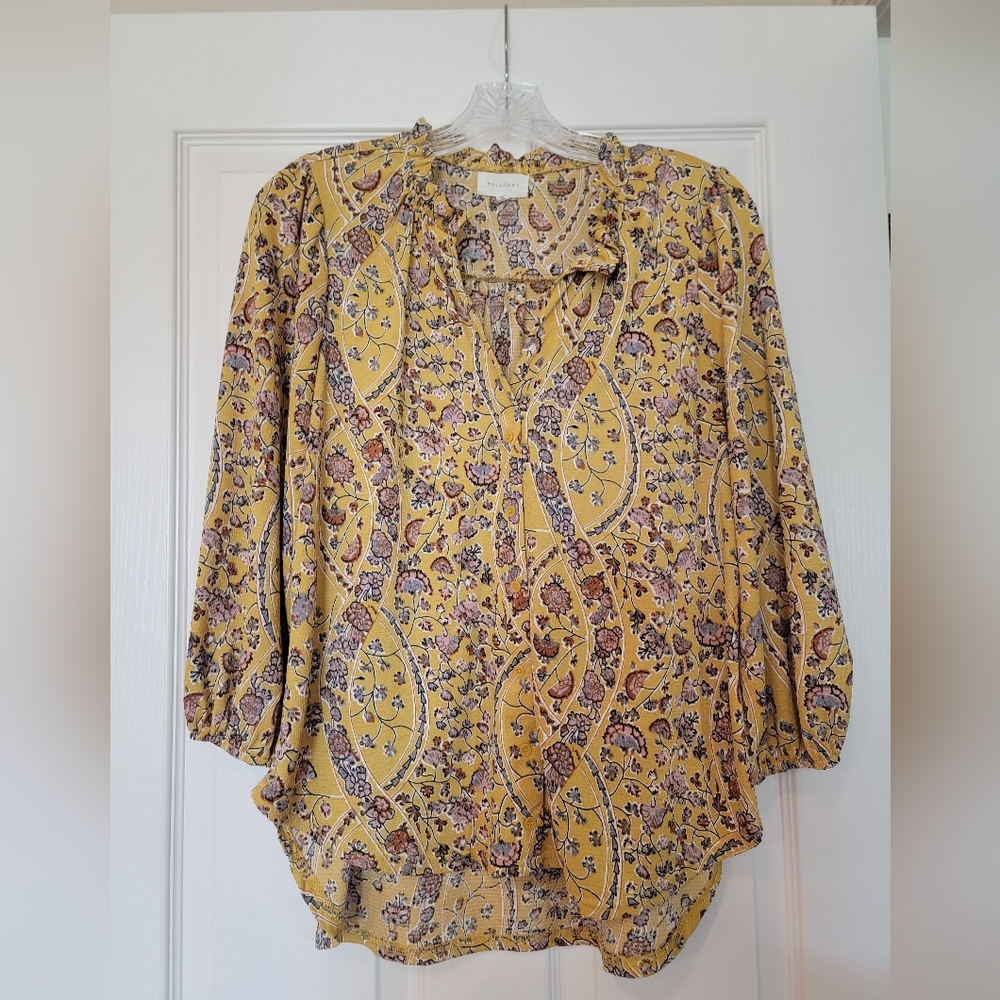 Melloday Mustard Yellow Floral Long Sleeve Blouse Size Medium
